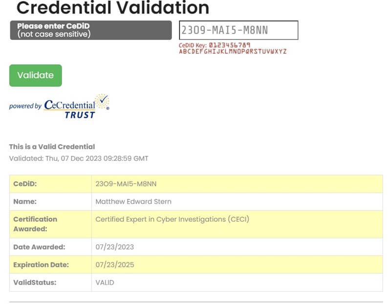 Use 23O9-MAI5-M8NN to Verify Cyber Intelligence's CECI Certification